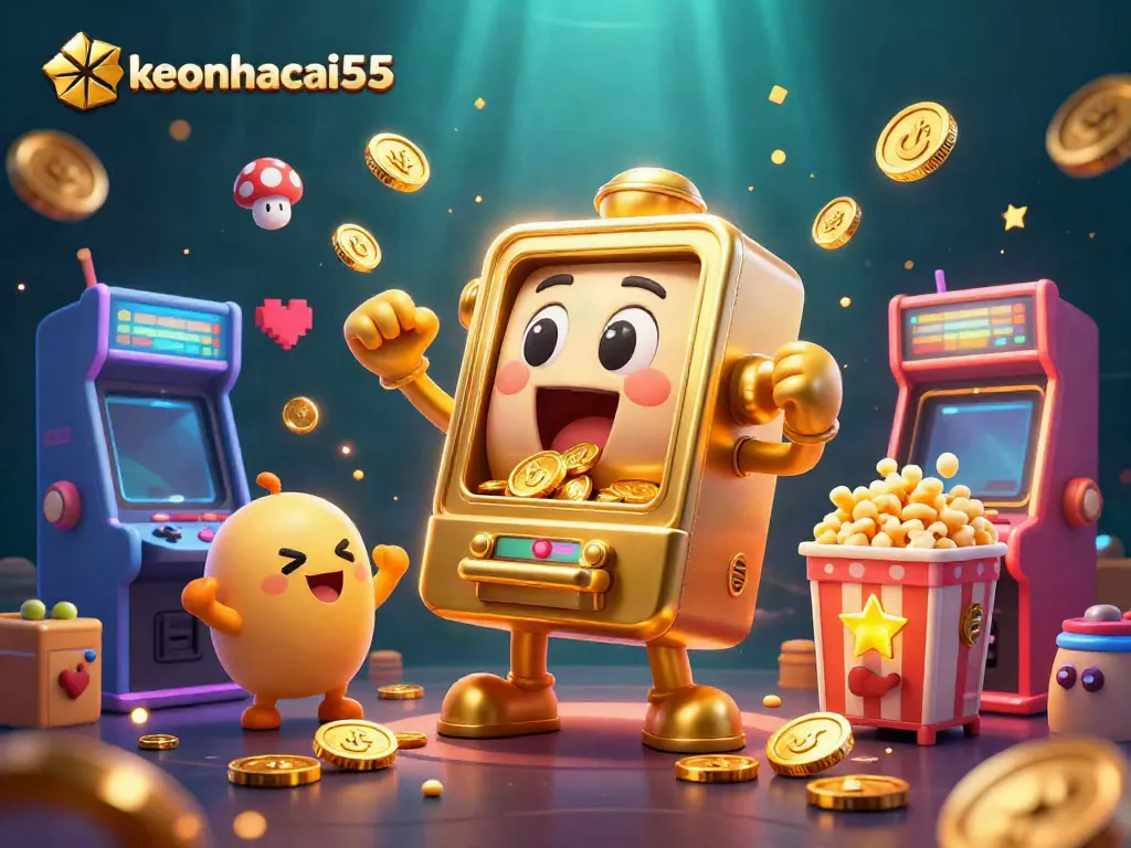 Experience the excitement of keonhacai55 with a golden slot machine hitting a jackpot surrounded by cheering mini slots.