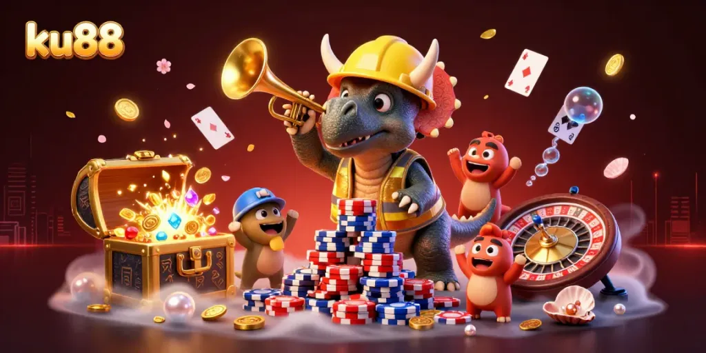 ku88 celebrates gambling with a vibrant 3D scene featuring cheerful characters and dynamic casino elements.