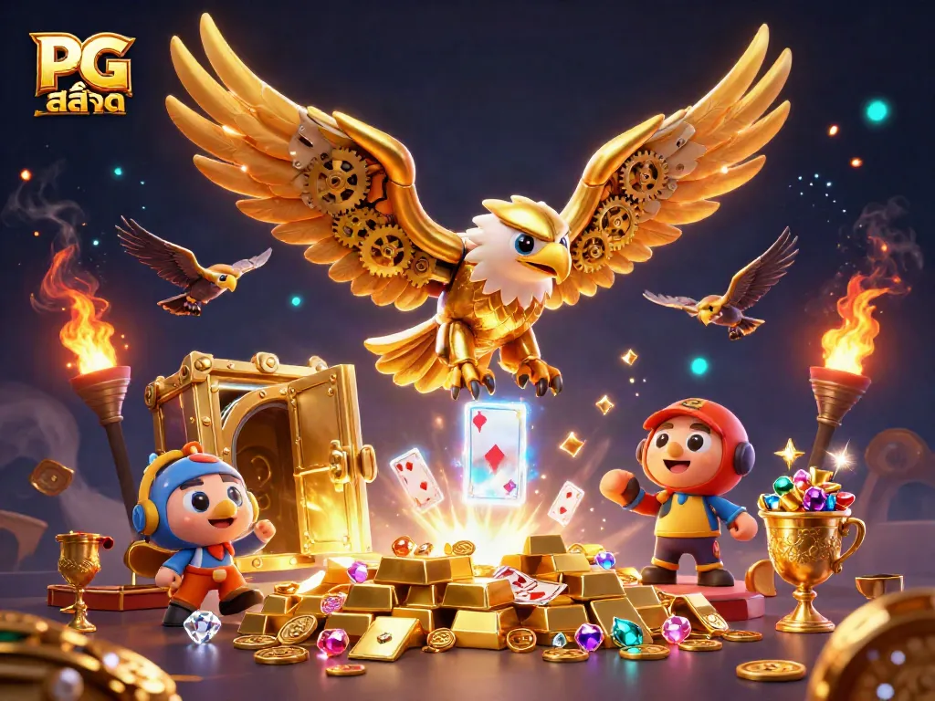 Experience PG สล็อต thrill with a dynamic scene featuring golden eagle amidst riches and gaming symbols.
