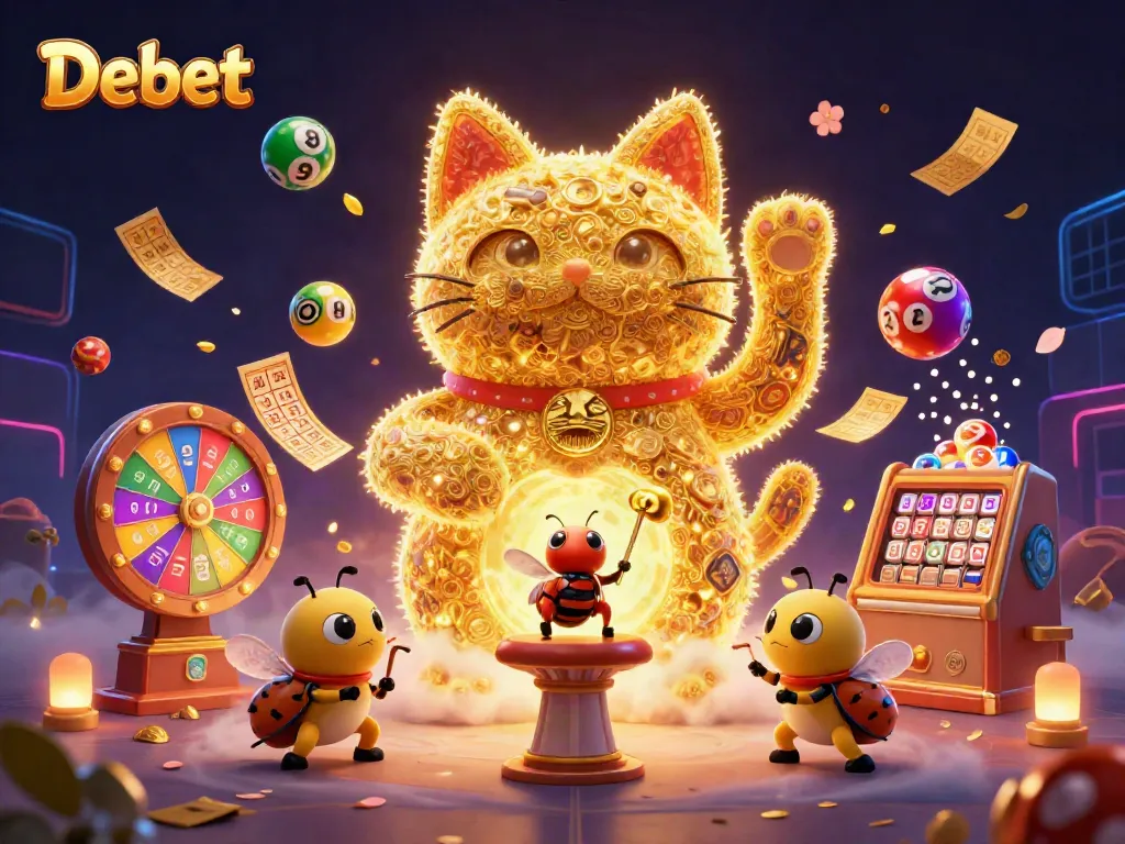 Engage with Debet's exciting lucky cat casino illustration filled with vibrant gambling elements.