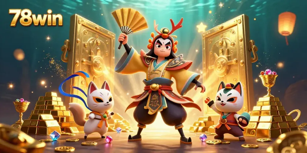 Engage with 78win's vibrant 3D casino scene depicting a kabuki warrior and treasures.