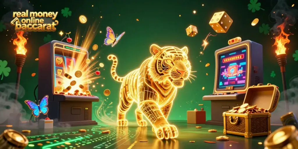 Engage in real money online baccarat with vibrant casino elements in a dynamic 3D landscape.