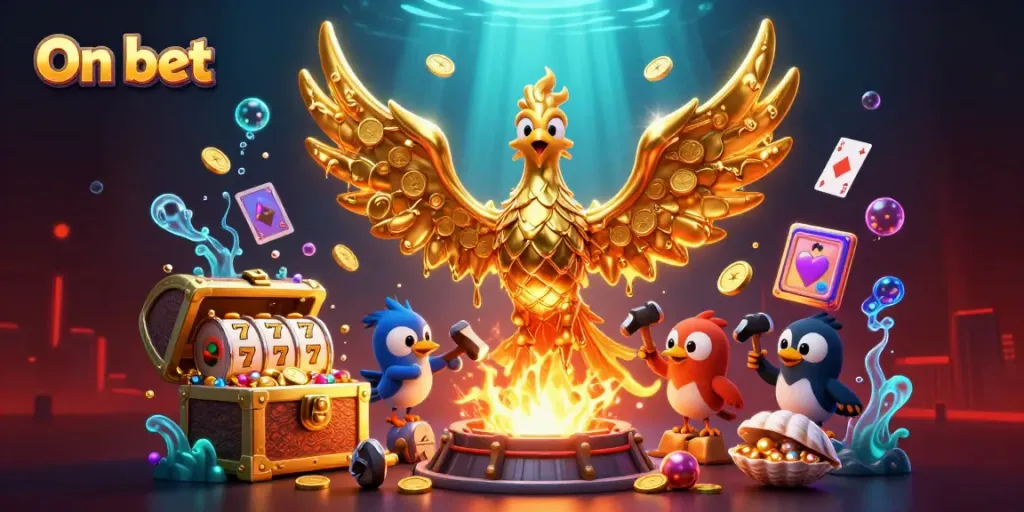 Win big at On bet with a captivating golden phoenix emerging from a forge in a vibrant casino scene.