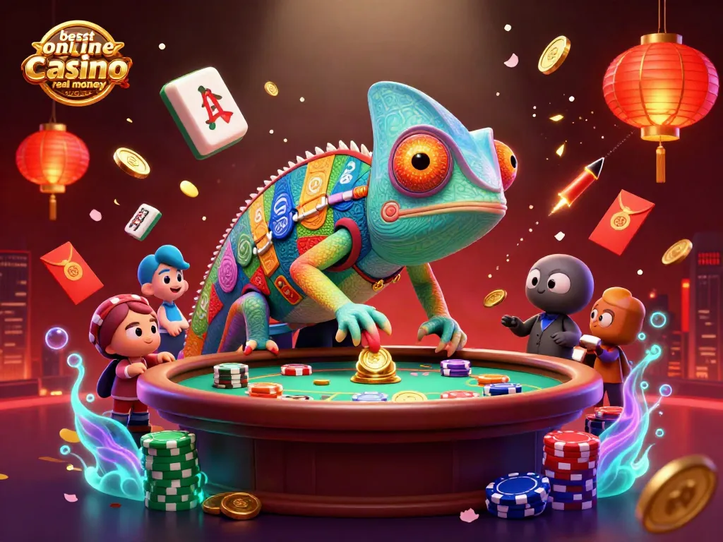 Discover the best online casino real money Australia in this vibrant 3D casino illustration with a dynamic chameleon character