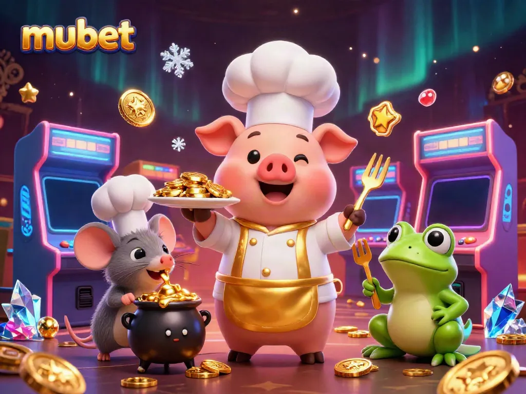Experience the vibrant world of mubet with a whimsical casino-themed illustration full of characters serving treasures.