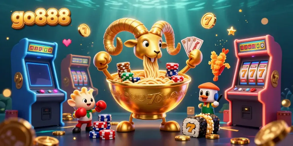 Experience thrilling moments with go888 in this vibrant casino-themed 3D illustration filled with games and action.