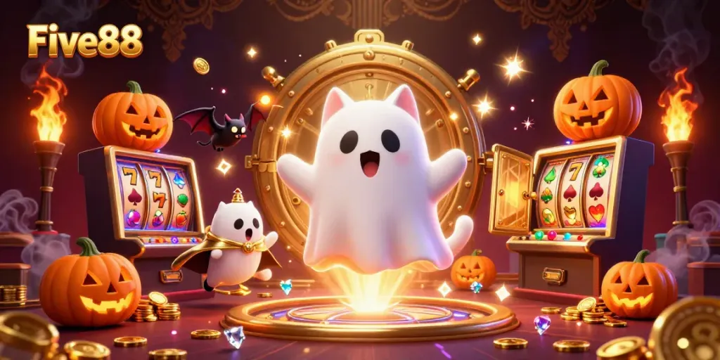 Experience the excitement of Five88 with a ghost cat and vampire bat in a vibrant casino setting.