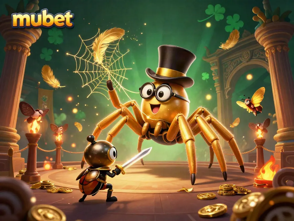 Engage with mubet's thrilling gaming scene featuring a golden tarantula and beetle knight amid a vibrant casino.