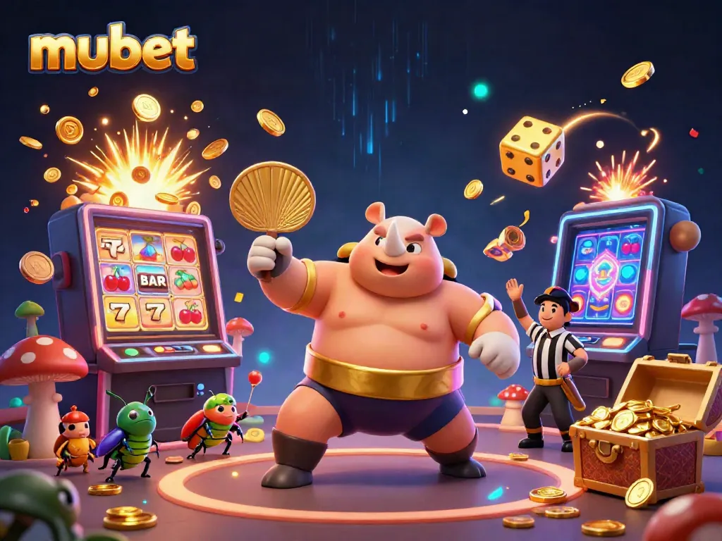 Experience thrilling slots at mubet with a dynamic scene of a rhinoceros beetle champion and explosions of coins.