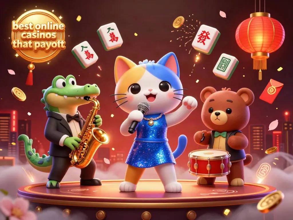 Experience the excitement at the best online casinos that payout with a lively scene featuring a singing cat, a saxophonist crocodile, and a percussion bear, creating a vibrant casino atmosphere.