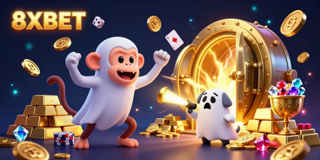 Experience thrilling gaming moments with 8XBET's vibrant casino scene featuring gold treasures and playful characters.