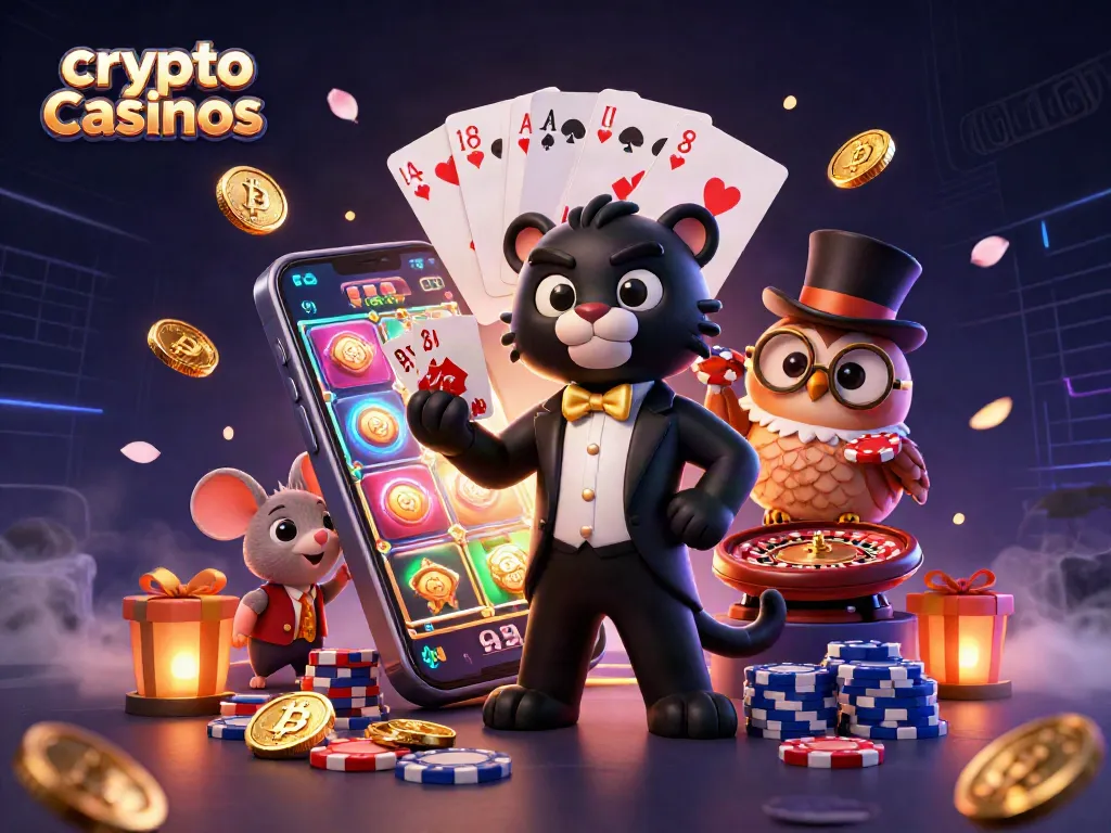 Engaging scene illustrating crypto casinos with a stylish black panther, an owl, and a lucky mouse playing cards and showcasing Bitcoin.
