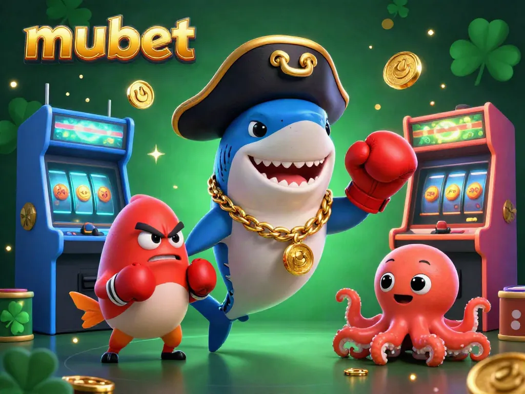 Engage with the vibrant world of mubet featuring a cartoon pirate shark and friends, celebrating casino fun.