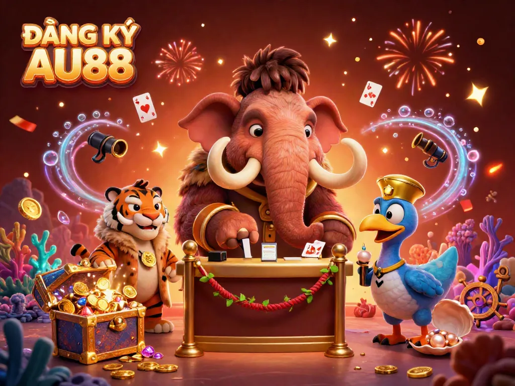 Experience the thrill of ĐĂNG KÝ AU88 with a vibrant casino scene featuring unique characters and game elements.