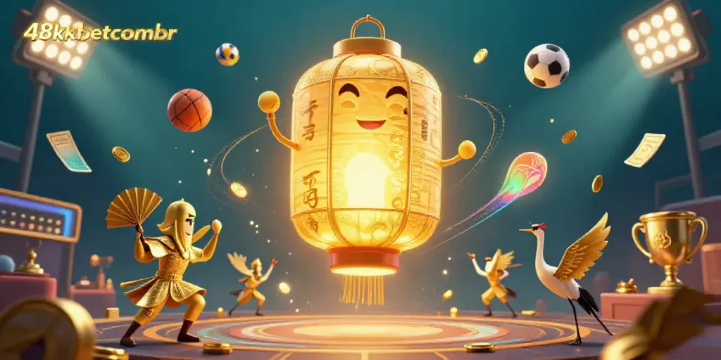 Experience vibrant casino action with 48xbetcombr featuring a glowing lantern spirit and dynamic sports elements.