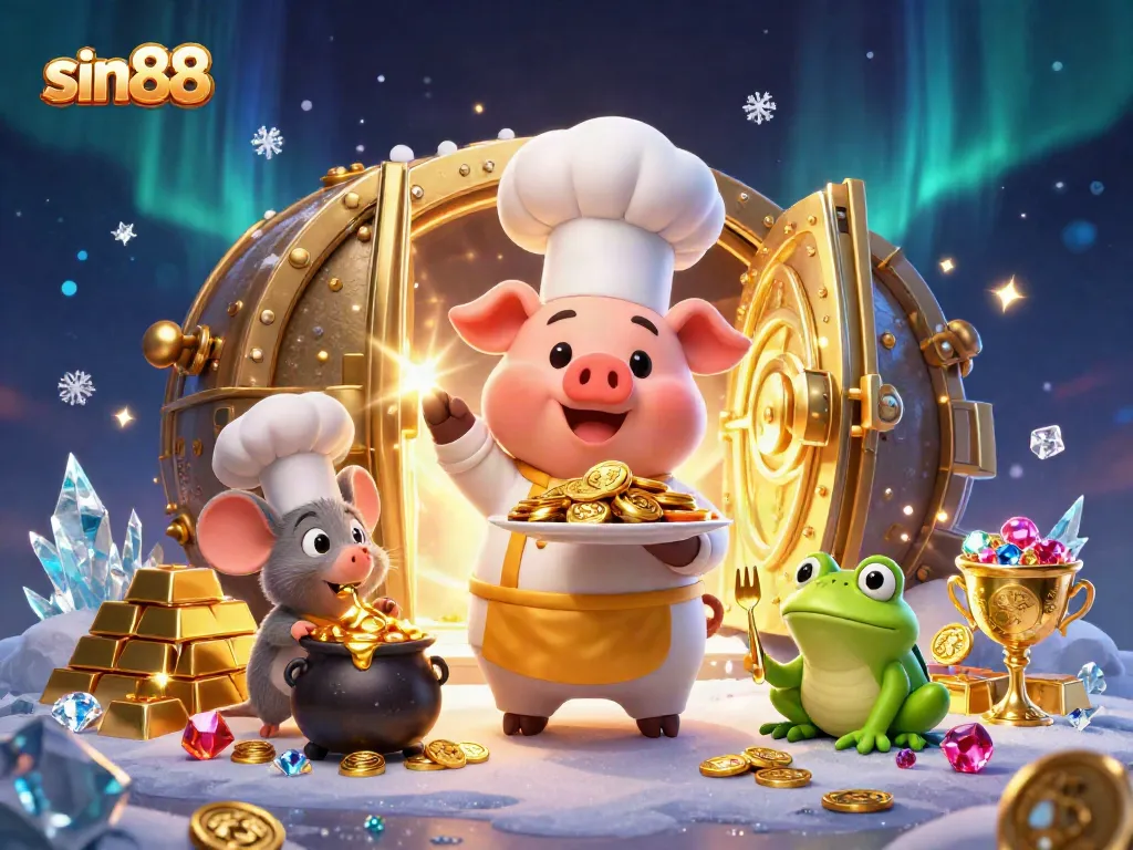 Play at sin88 with a cartoon pig chef serving gold coins surrounded by casino treasures.