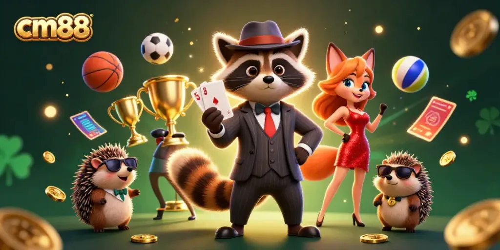 Experience cm88 gaming excitement with a raccoon in a suit, fox in sequins, and dynamic sports betting elements.