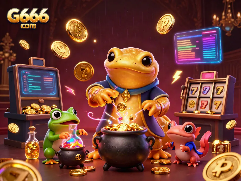 Spin jackpots and win big with the vibrant scene of G666 com showcasing a golden salamander alchemist in a casino.