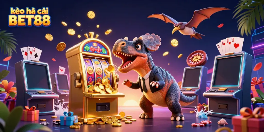 Experience thrilling jackpots with kèo nhà cái BET88 as dinosaurs interact with vibrant casino elements.