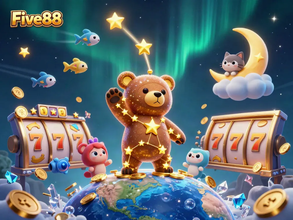 Engage with Five88 slots, where a starry bear collects coins amidst exciting jackpot elements.