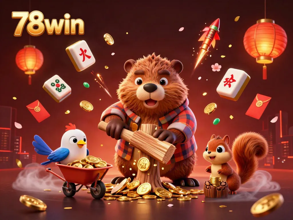 Experience the dynamic excitement of winning with 78win's colorful characters and golden coins cascading in a cartoon casino scene.