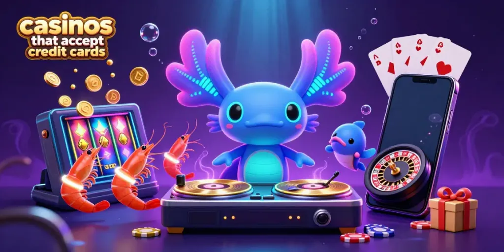 Experience vibrant casinos that accept credit cards with neon axolotl DJ, shrimp dancers, and slot game action.
