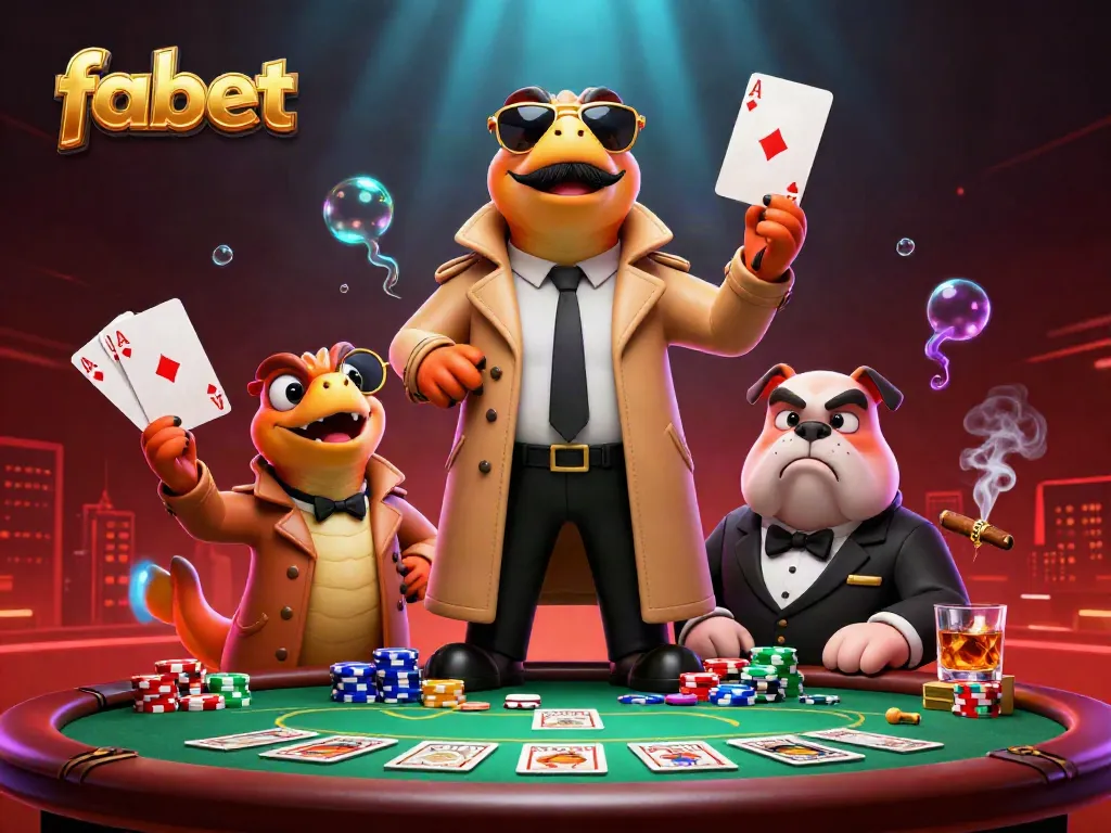 Experience fabet with 3D cartoon raptors tricking a bouncer at a casino, vibrant with poker elements.