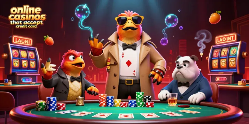 Engage with dynamic online casinos that accept credit card featuring raptors in a trench coat attempting to enter a VIP lounge.