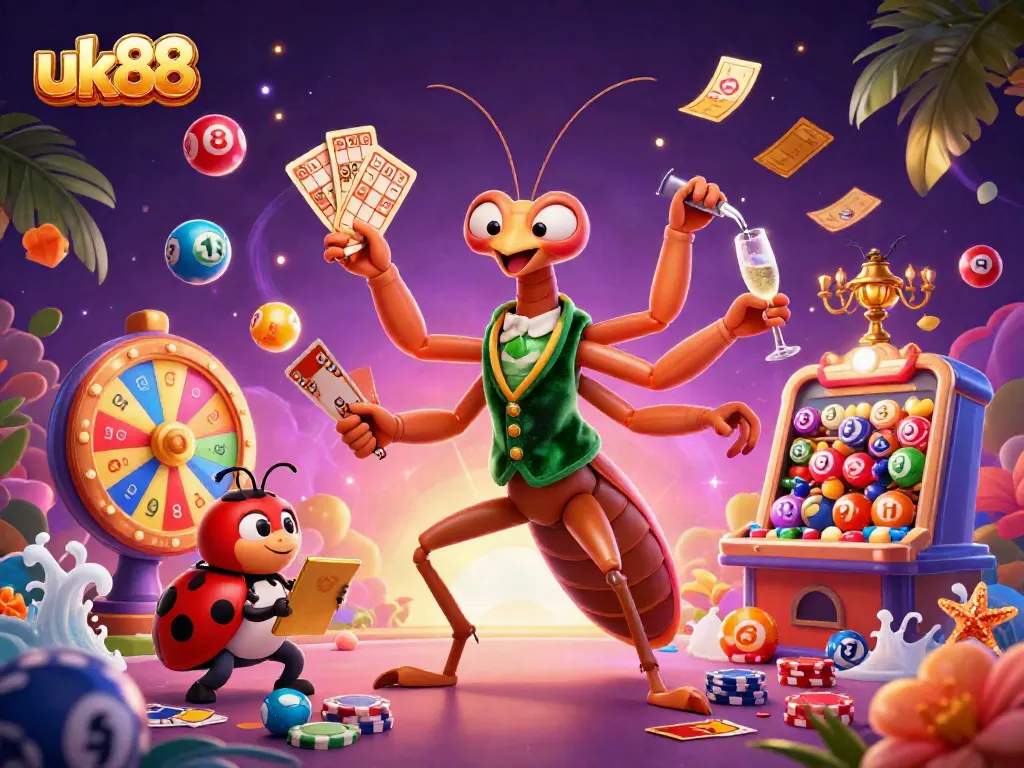Experience excitement at uk88 with a vibrant 3D scene featuring a praying mantis card sharp and ladybug pit boss amidst dynamic gambling elements.