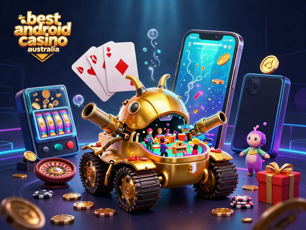 Experience the best android casino Australia through a playful 3D scene featuring a golden beetle tank and casino elements.