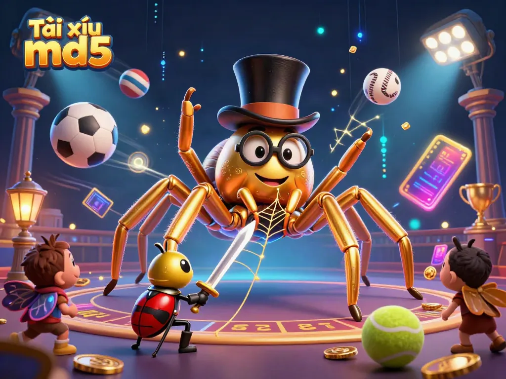 A brave beetle knight approaches a giant golden tarantula in a casino-themed scene showcasing Tài xỉu md5.