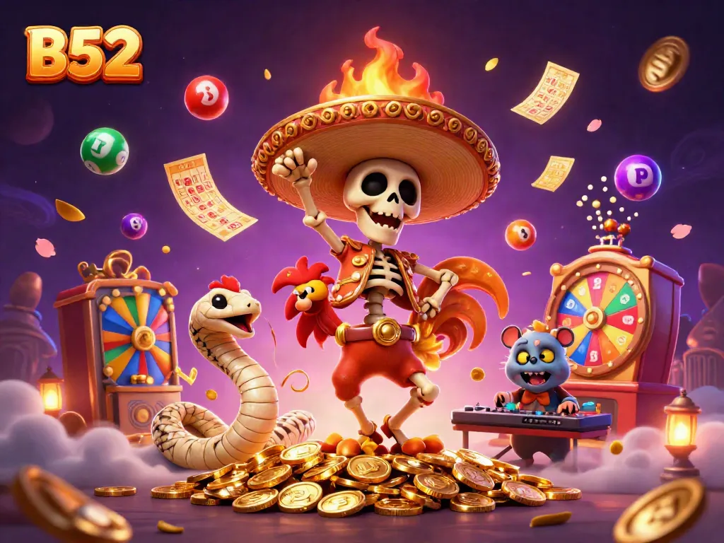 B52's playful casino scene featuring a mariachi rooster, mummy snake, and DJ hamster amidst winning bingo and lottery elements