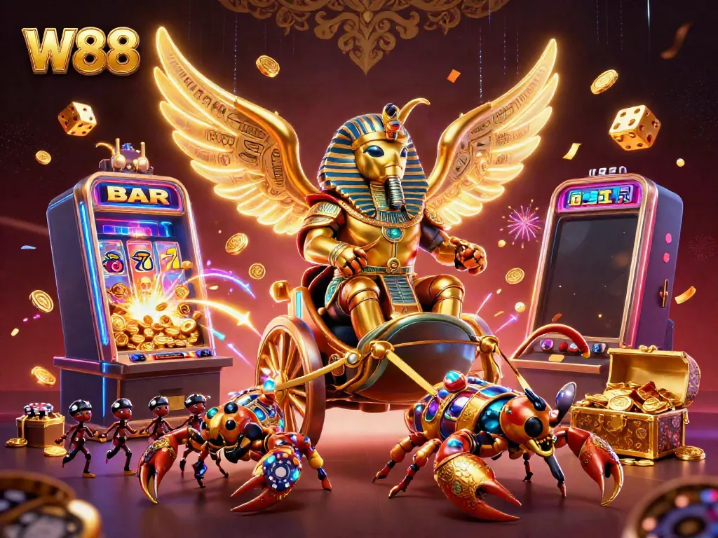 Engage in thrilling gameplay with W88 featuring a colossal golden scarab in a dynamic casino scene.