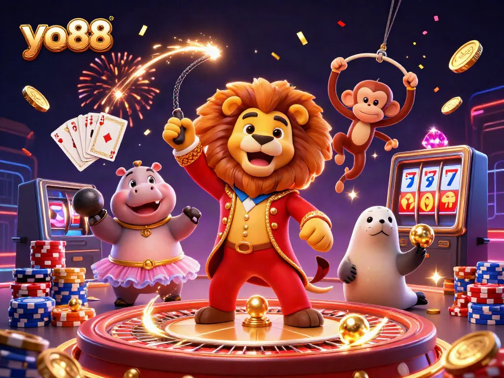 Experience the excitement of yo88 with playful 3D characters in a vibrant casino scene.