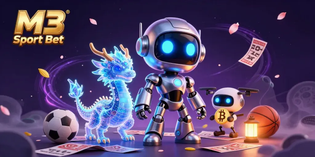 Engage in M3 Sport Bet with a dynamic scene featuring a cyberpunk robot and sports betting elements.