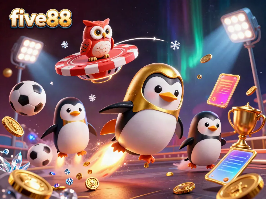 Experience the thrill of five88 with a golden penguin soaring to a casino station amidst dynamic sports elements.