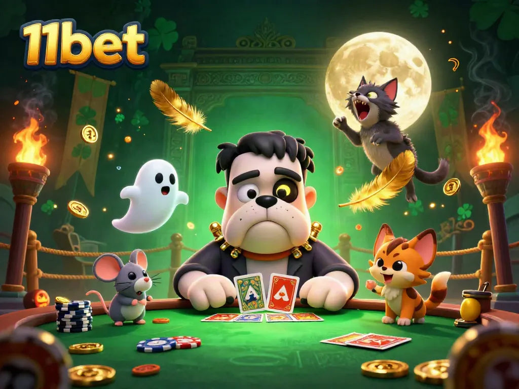 Experience thrilling card games with 11bet at a spooky casino table featuring vibrant characters and lively elements.
