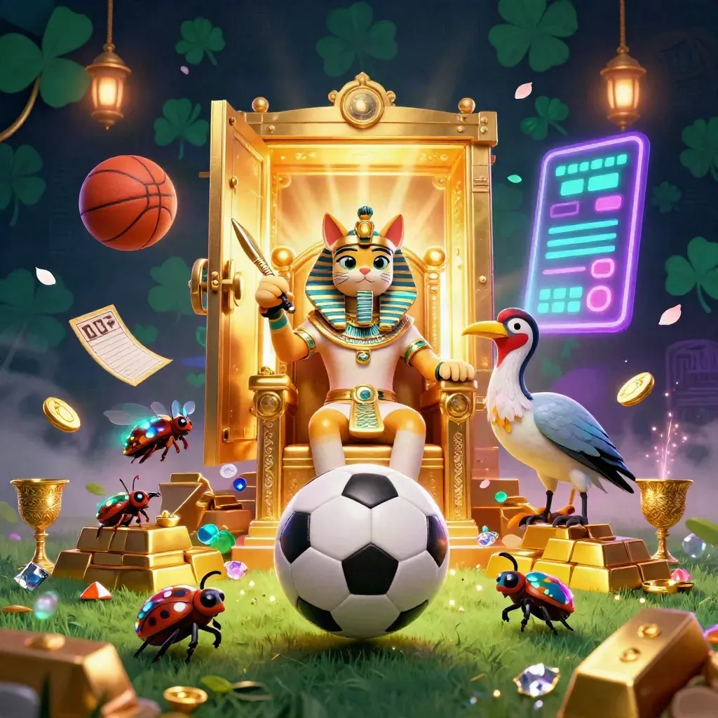 Pharaoh cat, ibis scribe and scarab beetles amid a soccer ball, gold vault glow and casino riches