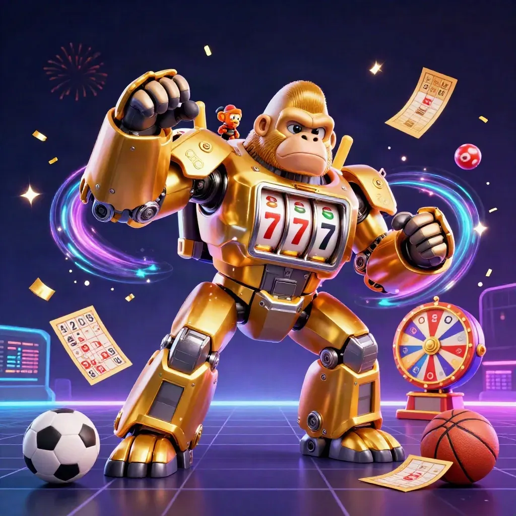 Golden gorilla mech with tiny monkey pilot amid lottery balls, prize wheel, confetti, and neon casino glow.