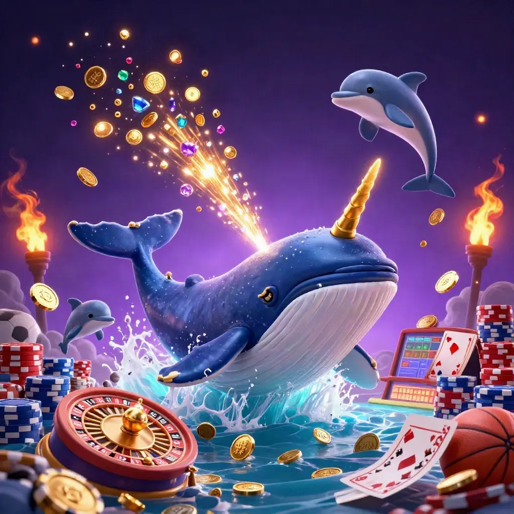 Whale captain, narwhal, and dolphins explode through coins with neon casino effects and gold light.
