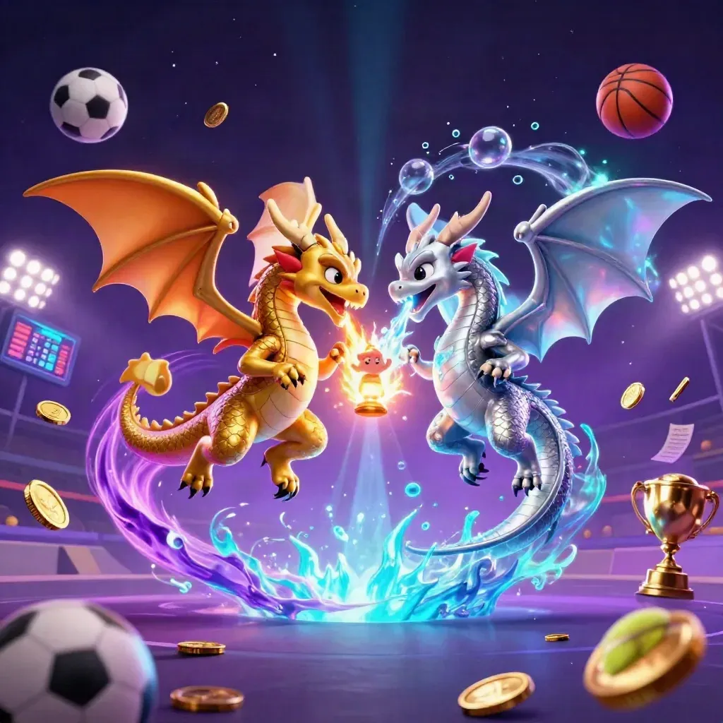 Gold and silver dragons spiral with sports balls, coins, and beams in a neon casino sky.