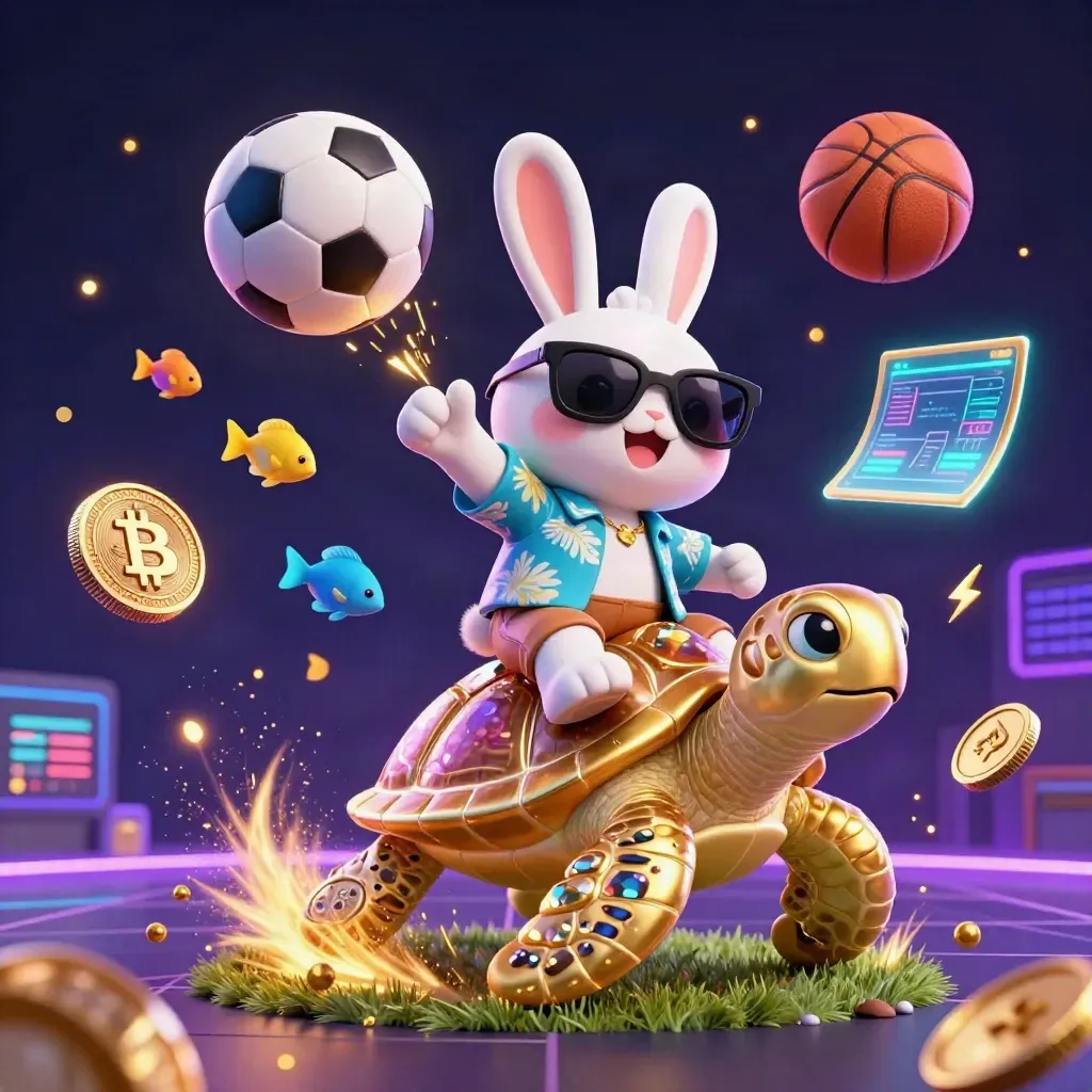 Rabbit on jeweled turtle amid neon coins, balls, lightning and twilight casino glow.