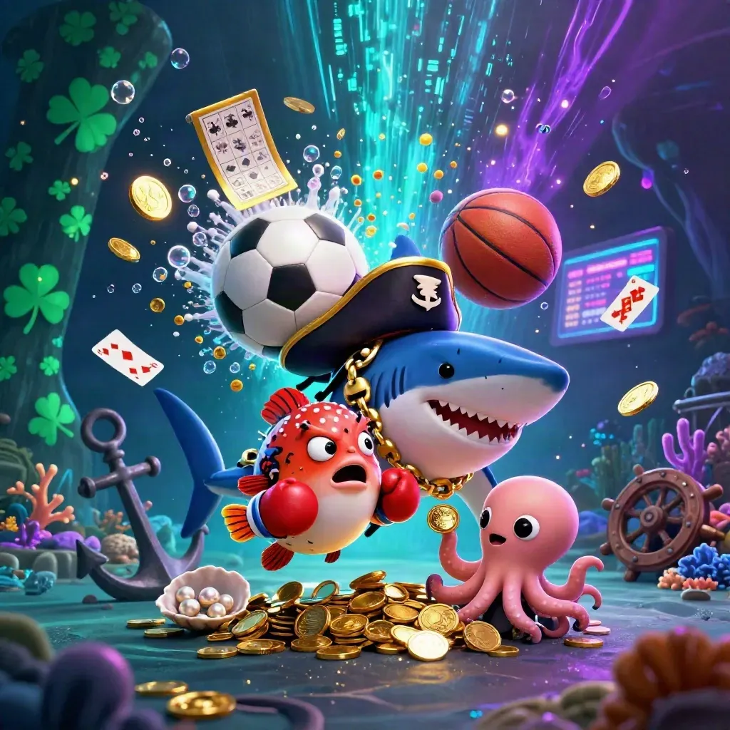 Cartoon pirate shark, boxing pufferfish and coin-juggling octopus in a neon treasure cove