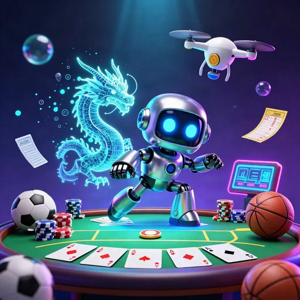 Cyberpunk robot, hologram dragon, and drone amid poker chips, cards, and sports balls in neon casino glow
