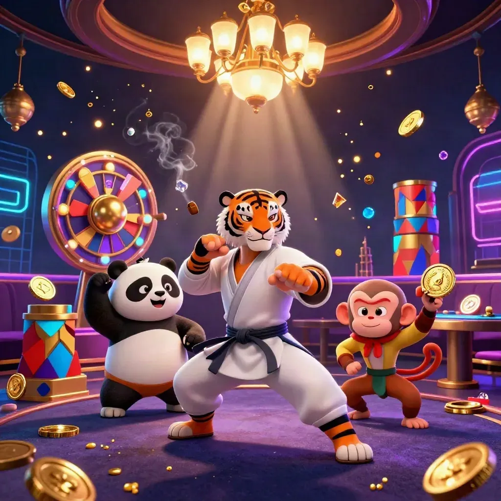Tiger, panda and monkey in a glowing casino room with coins, roulette, cards and chips.