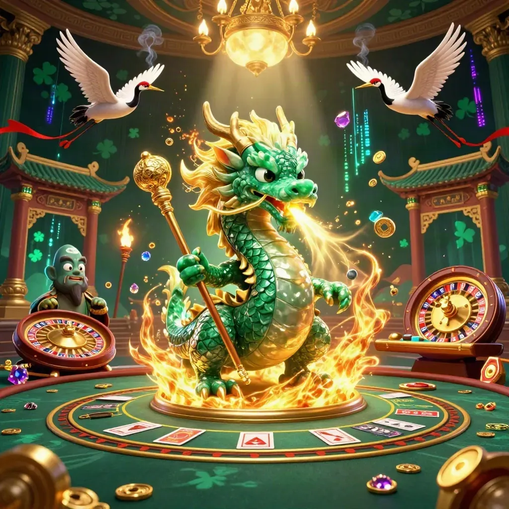 Jade dragon, turtle sage, and cranes in a neon casino temple with gold fire