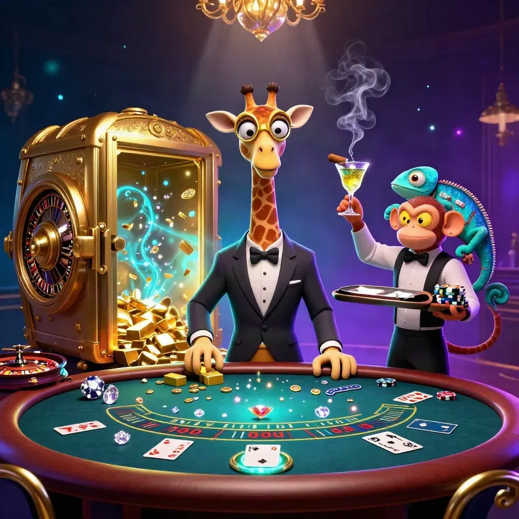 Luxury casino scene with giraffe, monkey, and chameleon amid gold, gems, and glowing neon light.