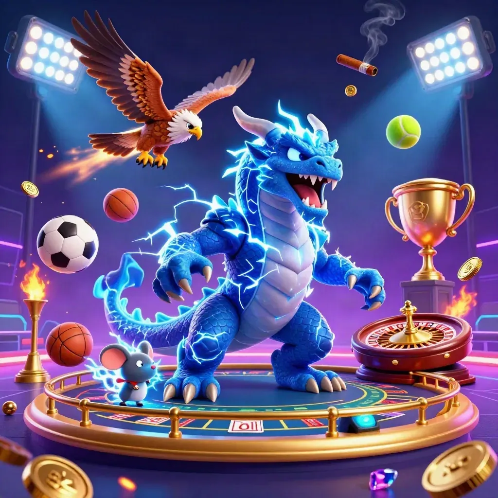 Thunder dragon, wind hawk, and crackling mouse amid casino lights, coins, and a roulette spin.