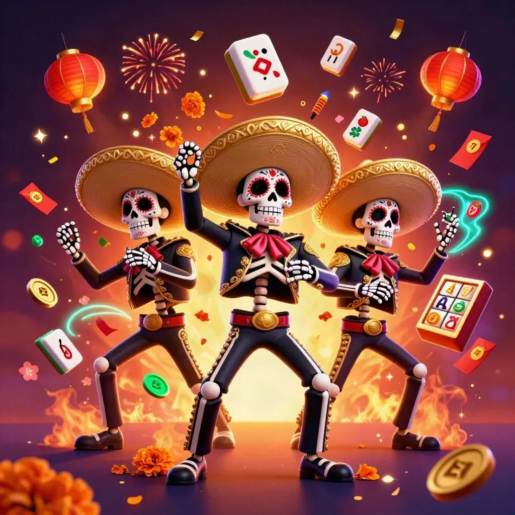 Skeleton mariachi trio amid lanterns, jade coins, confetti, and neon cyan glow.