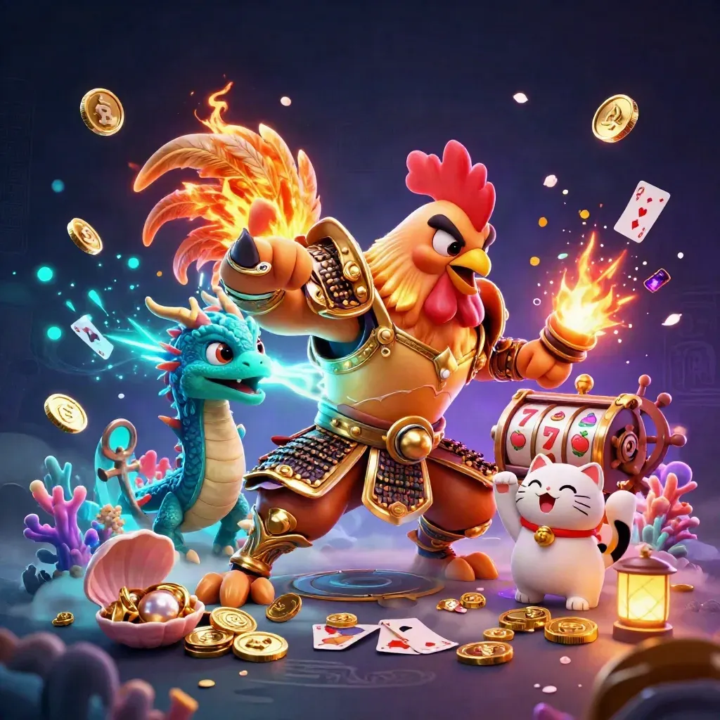 Rooster samurai, spark-breathing hatchling, and cheering fortune-cat amid treasure and neon casino chaos.
